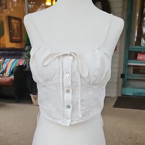 Cotton Candy LA 100% White Cotton Lace Camisole Shell Button Tie Front Spaghetti